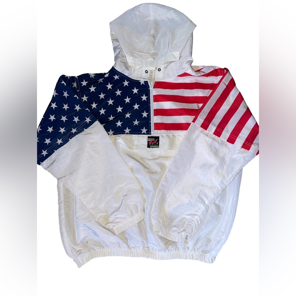 surf style White Windbreaker with Red & Blue Flag Panels